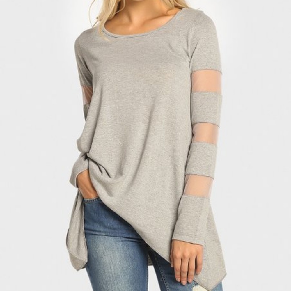 Gray Mesh Ladder-Sleeve Sidetail Top